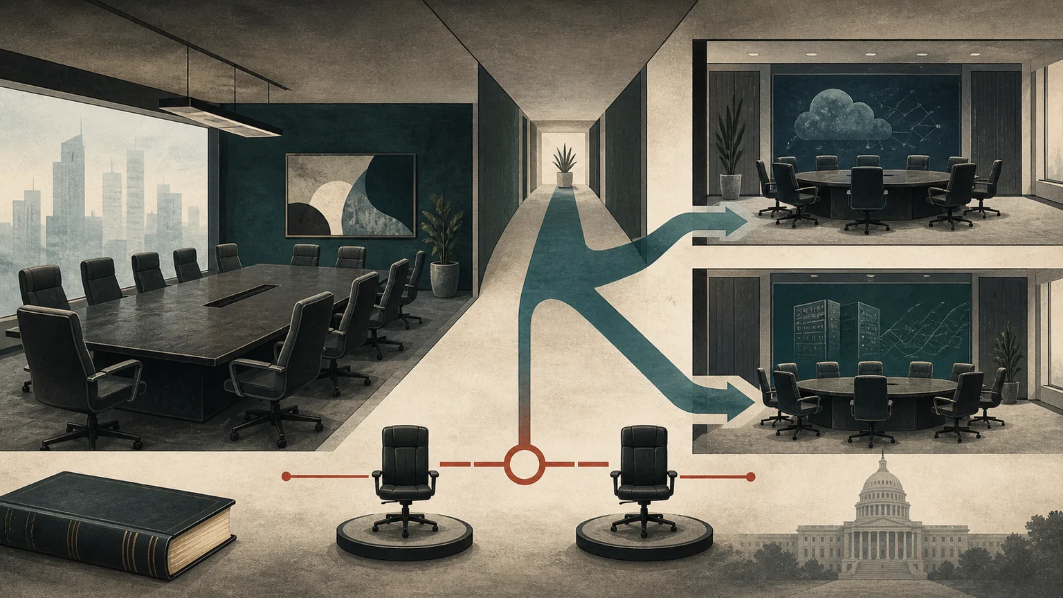 Editorial illustration of overlapping venture-capital boardroom chairs beside legal documents, representing reported antitrust scrutiny rather than a finding of wrongdoing
