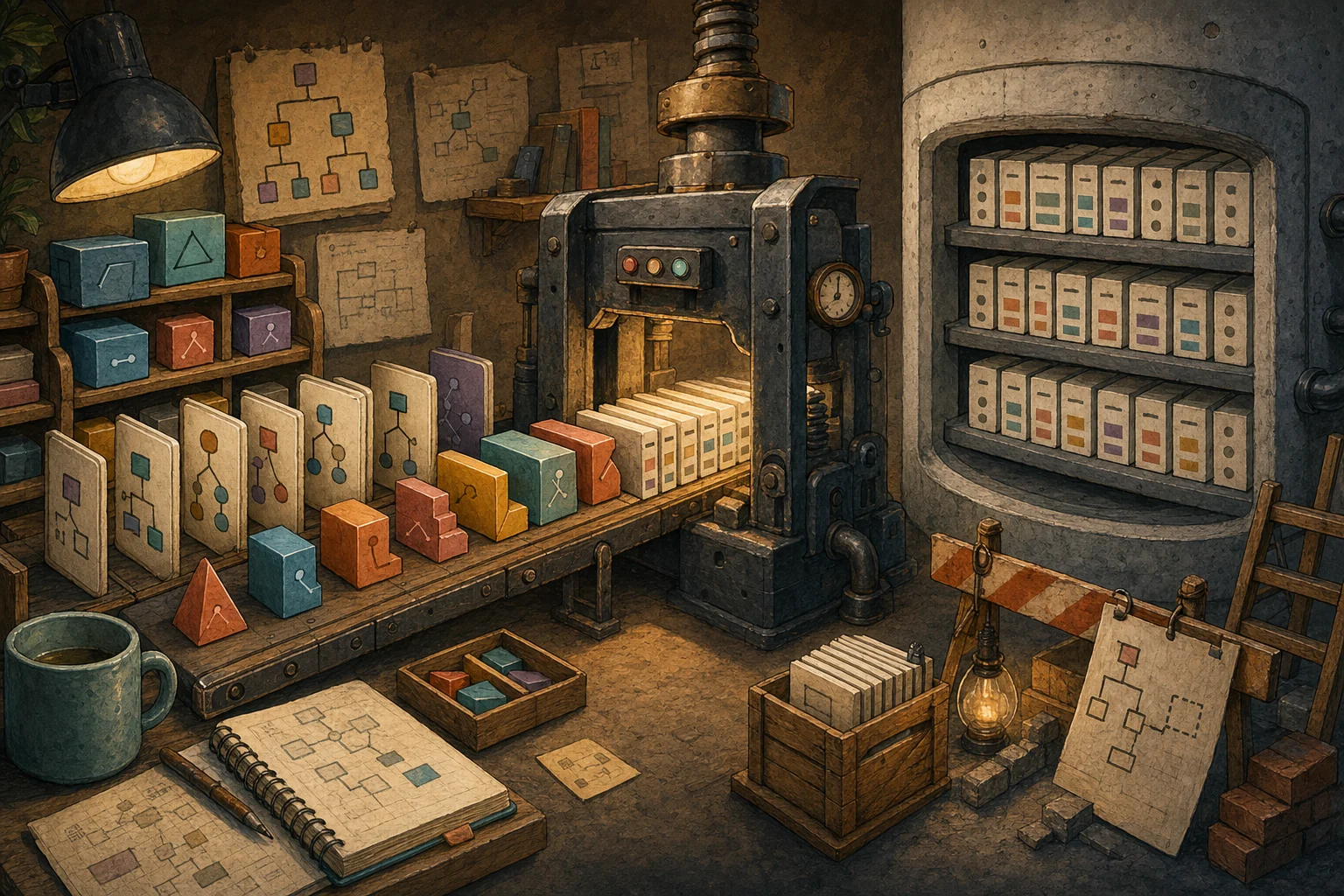 Editorial illustration of typed functional-programming blocks passing through a compiler press into orderly database rows in an unfinished software workshop.