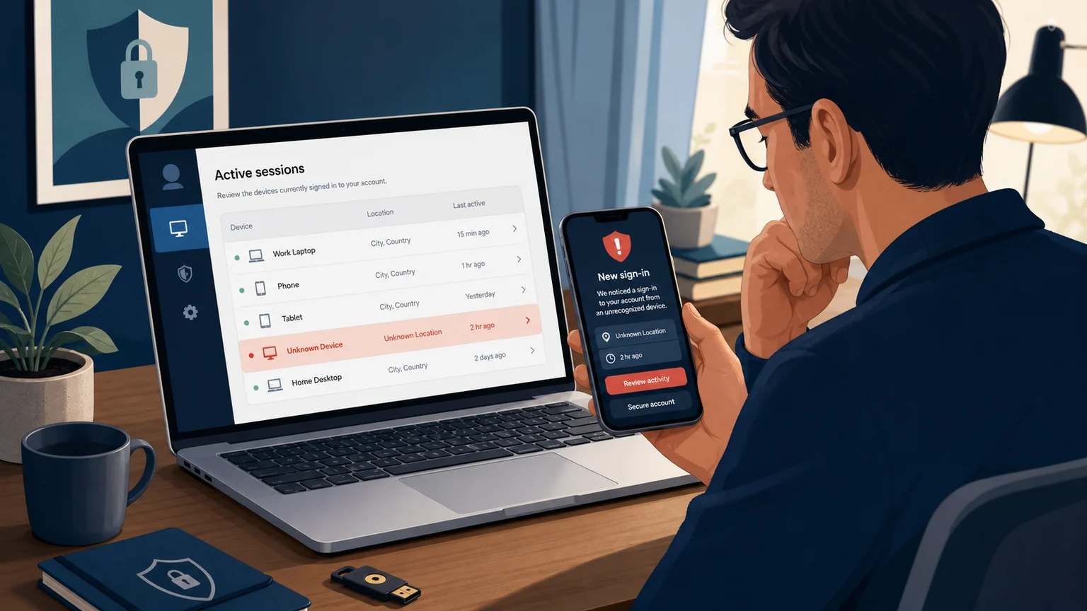 Illustration of an adult reviewing a generic active-sessions list with an unknown device highlighted on a laptop while holding a phone with a generic new-sign-in alert