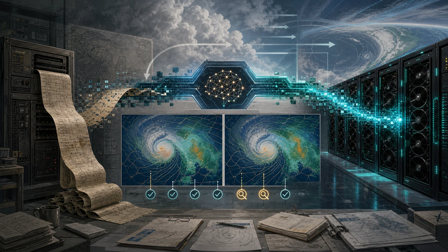 AI-generated editorial illustration of a weather simulation moving from a paper-fed legacy computer to GPU server racks, with paired typhoon maps and validation check marks
