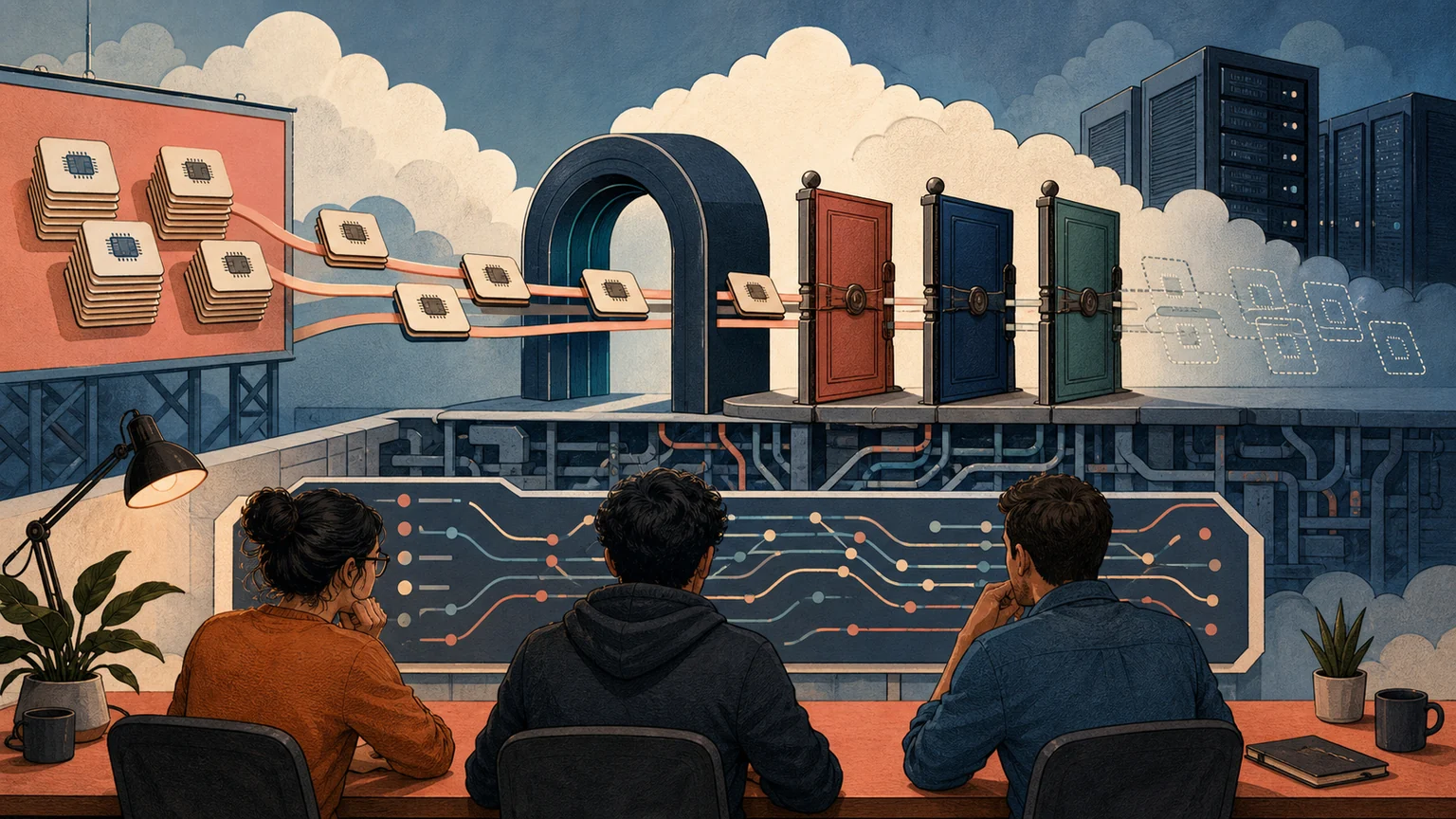 AI-generated editorial illustration of advertised compute-credit cards passing through a proxy arch toward three locked rulebook checkpoints, with uncertain dotted cards beyond; conceptual, not a completed transaction