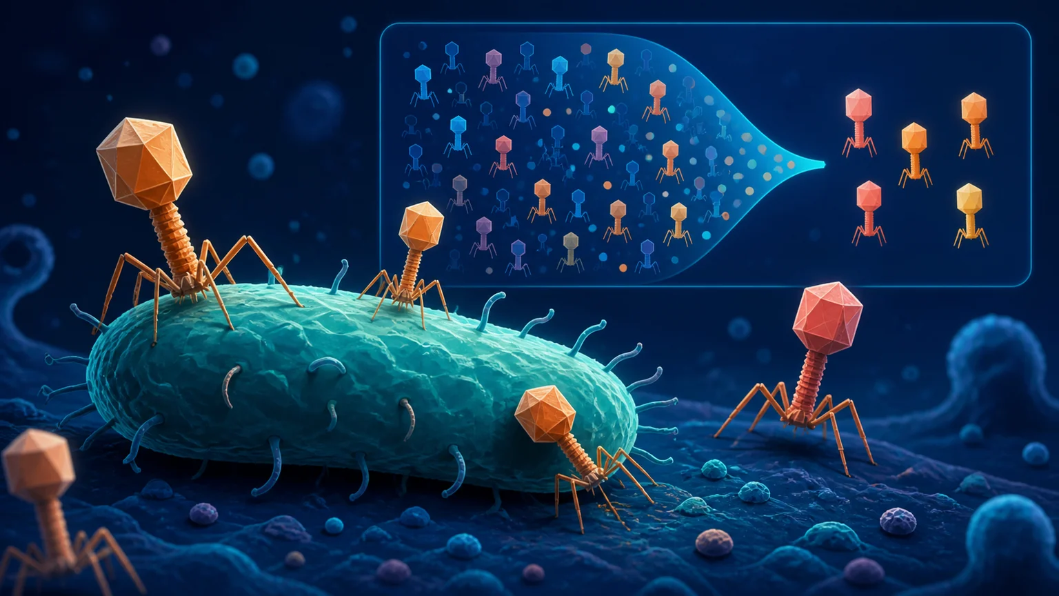 Visibly illustrative scene of orange and pink bacteriophages around a teal rod-shaped bacterial cell, with an inset funnel narrowing many stylized phage candidates to a few