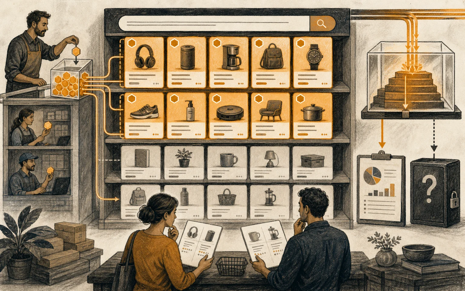 Editorial illustration of merchants bidding for amber sponsored shopping cards that crowd quieter organic results, while shoppers compare products and profit remains a locked unknown