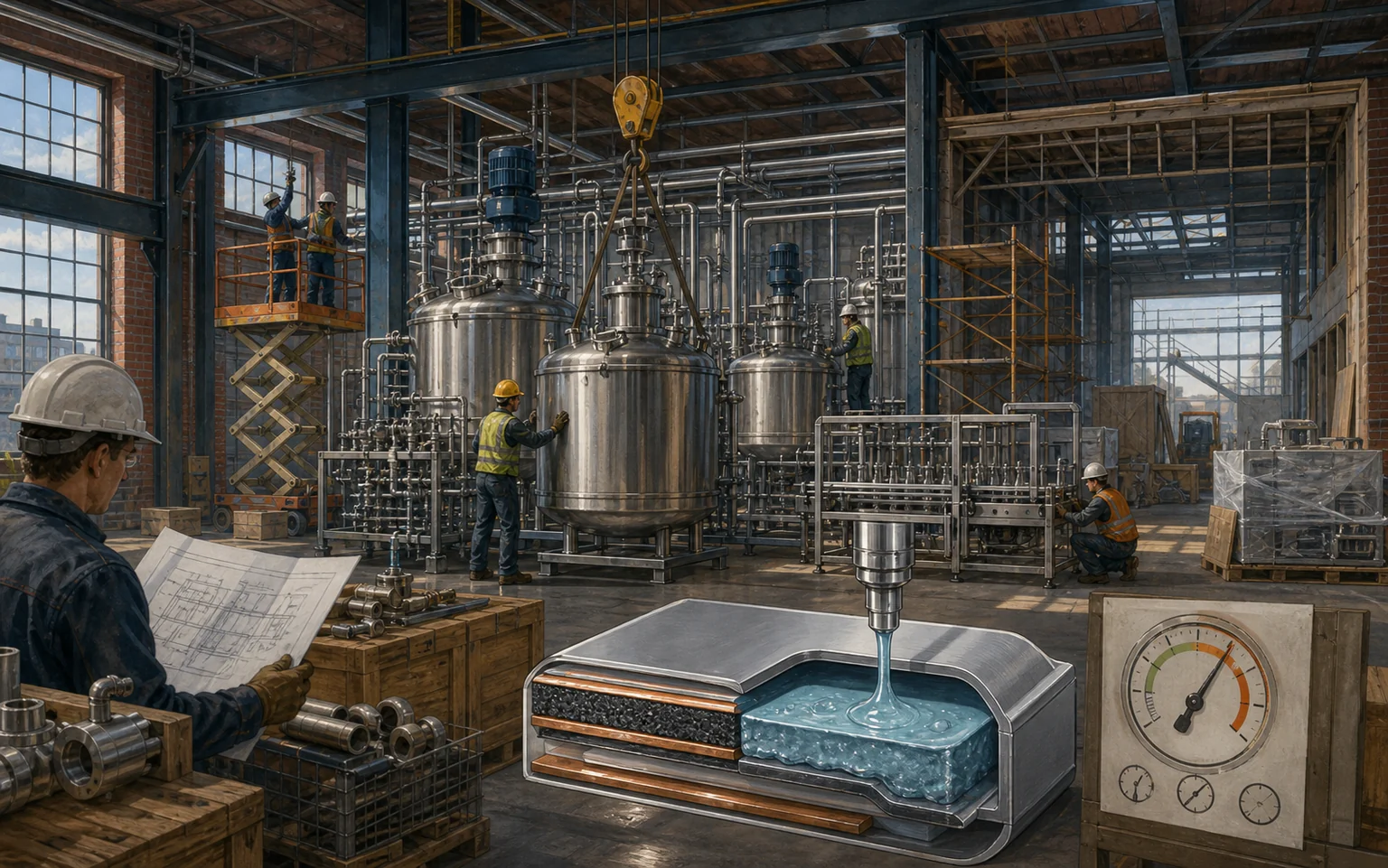 Editorial illustration of workers installing stainless mixing vessels and piping inside an existing industrial building, with an unfinished electrolyte line and a conceptual gel-electrolyte cutaway in the foreground