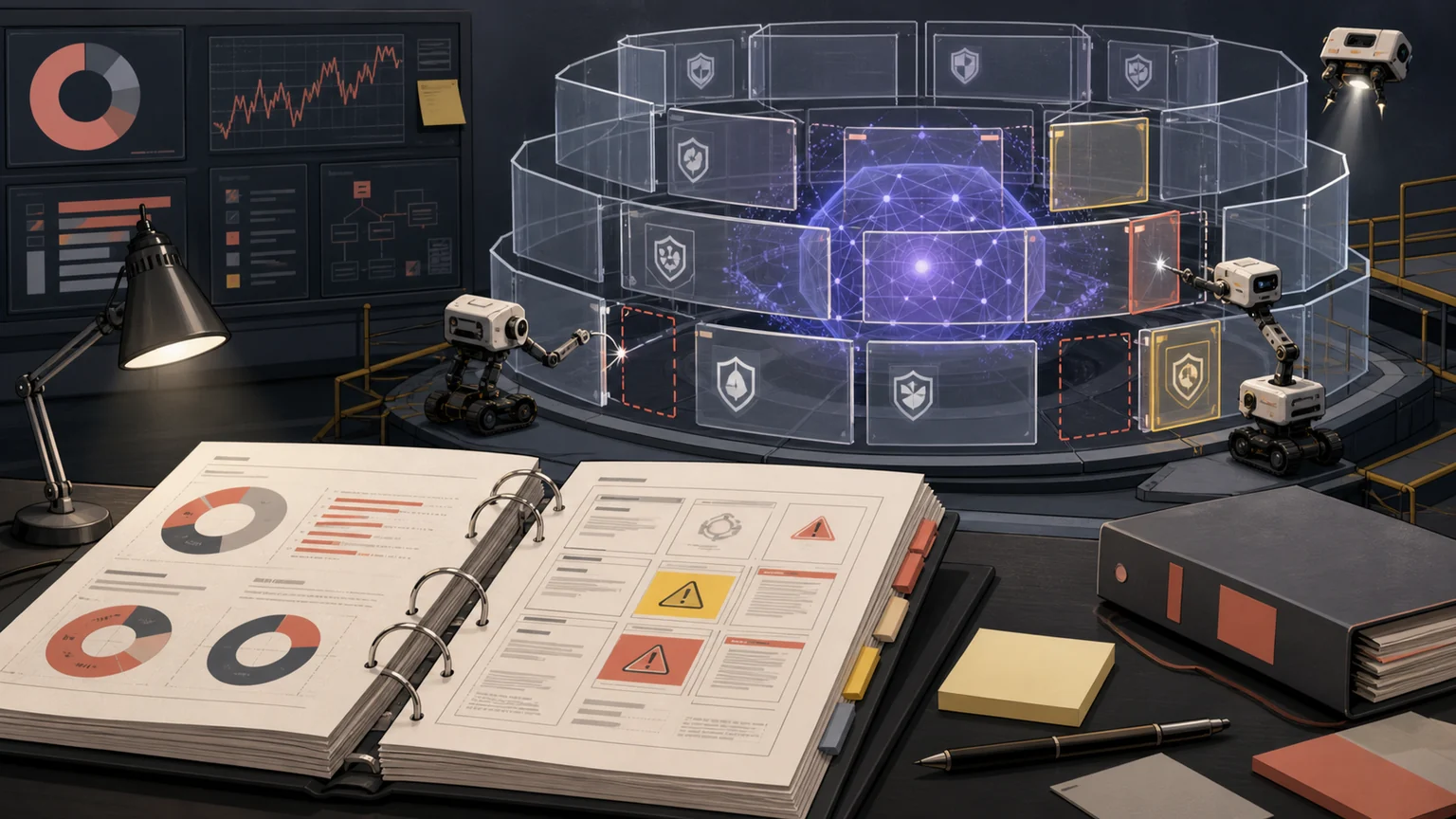 Illustration of an AI risk report beside layered safeguards around a model core as inspection robots repair visible gaps