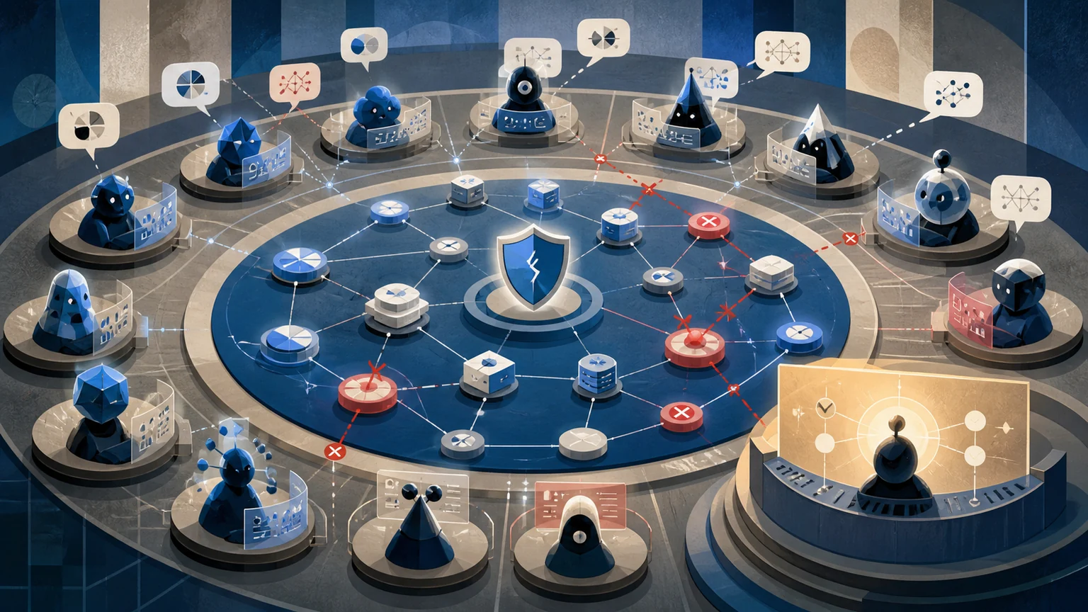 AI-generated editorial illustration of varied agent figures around a circular computer network, with a central security shield, red failure paths and an oversight console
