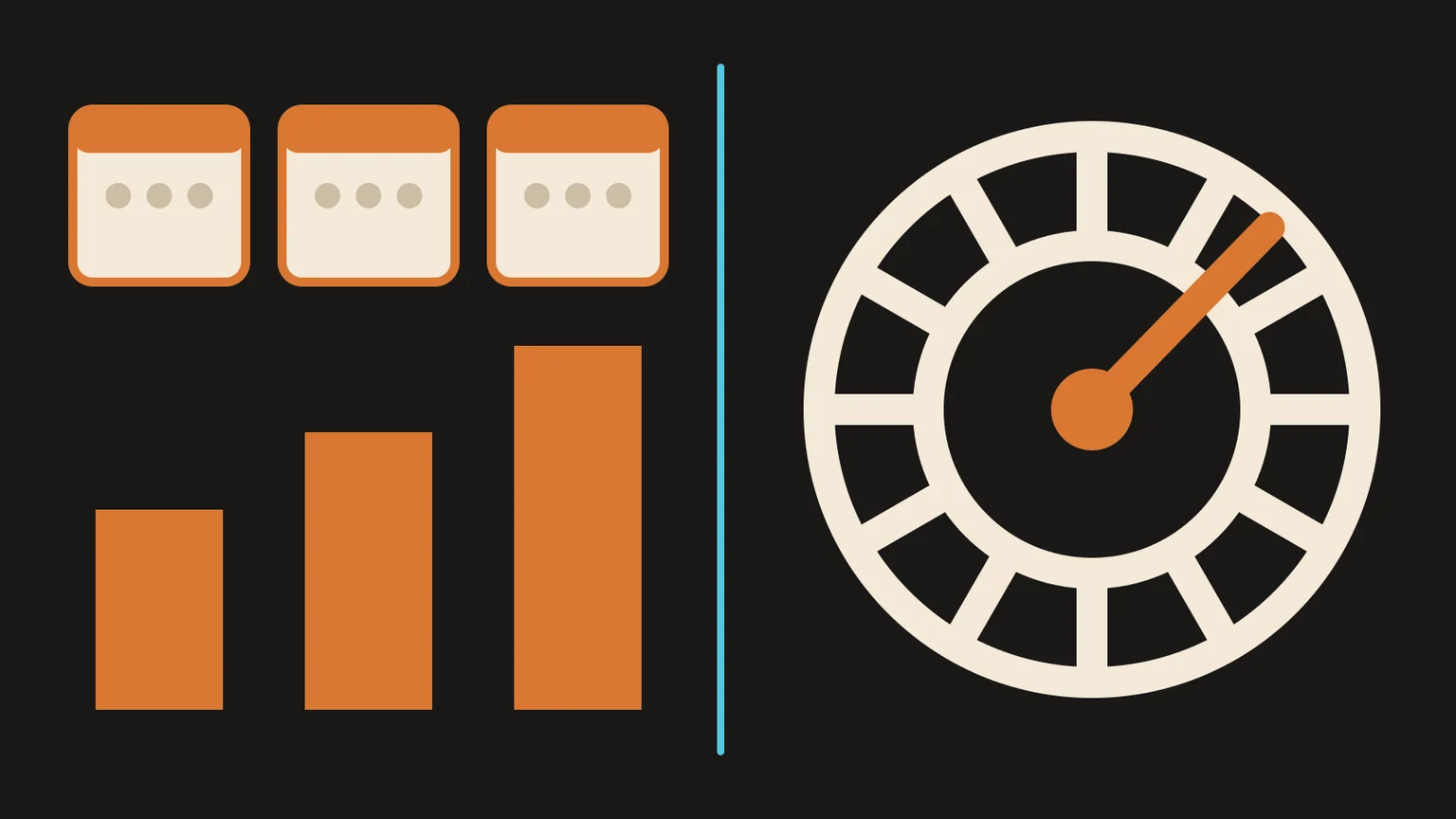 Editorial illustration of three calendar panels and rising bars separated from a twelve-segment annual run-rate gauge