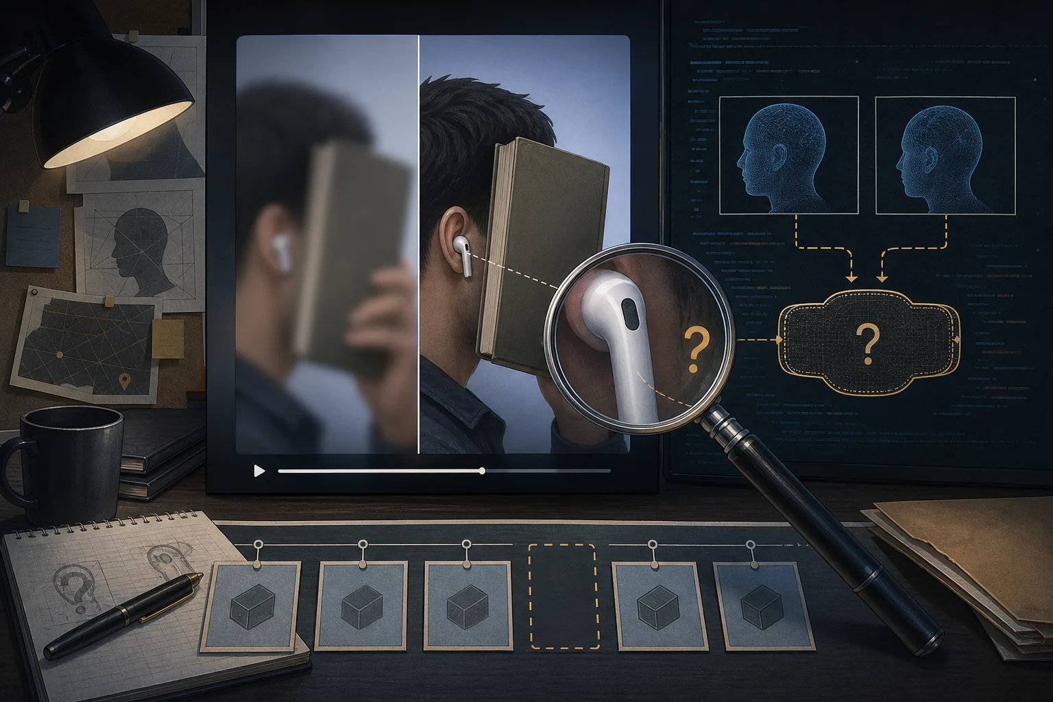Conceptual editorial illustration of a blurred-to-focused demo frame showing a book held near a white stem earbud, with its dark oblong detail magnified beside paired head-image code panels and a missing software-release tile