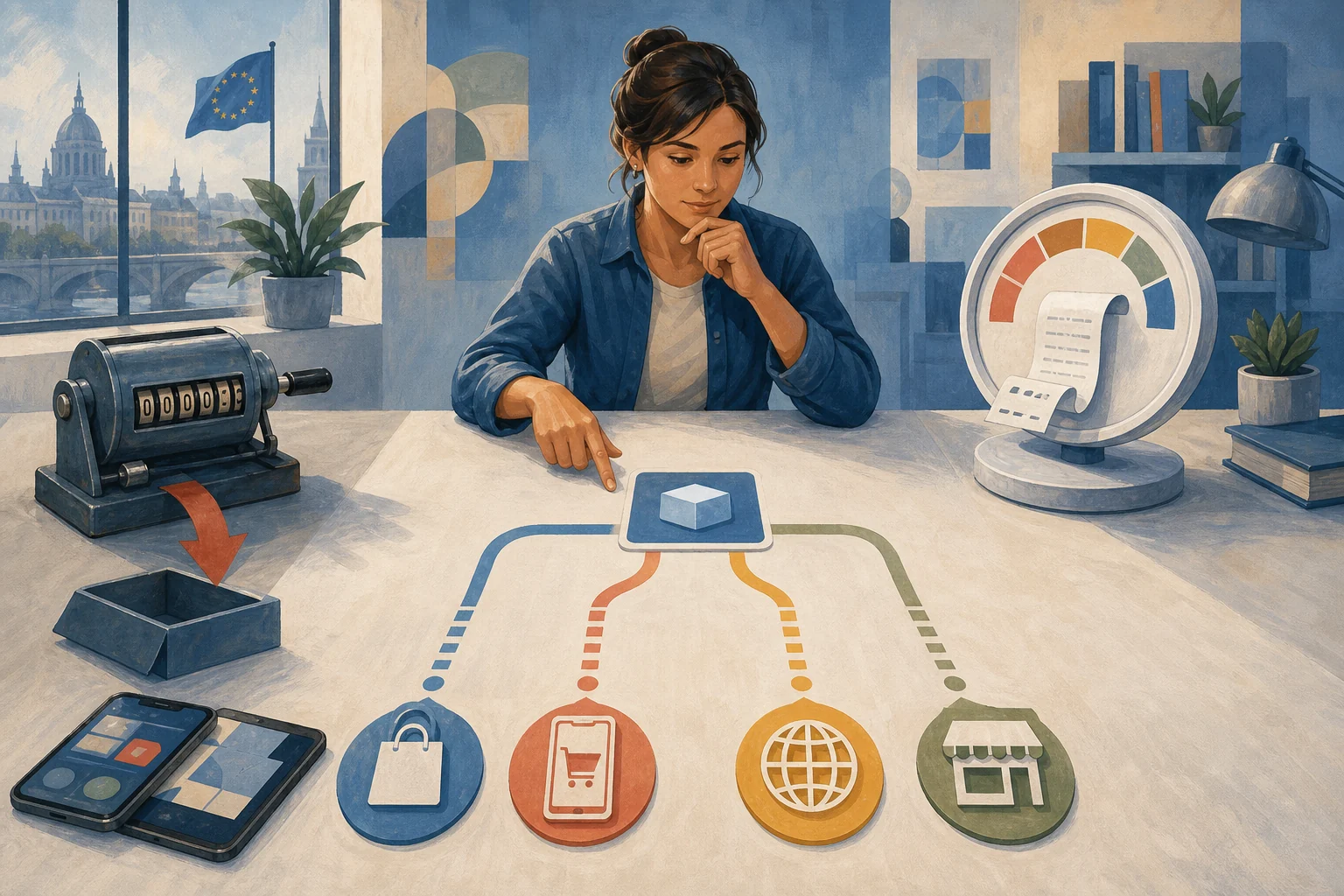 Editorial illustration of an EU app developer comparing four app payment and distribution routes while an old install counter is set aside for a transaction-based meter