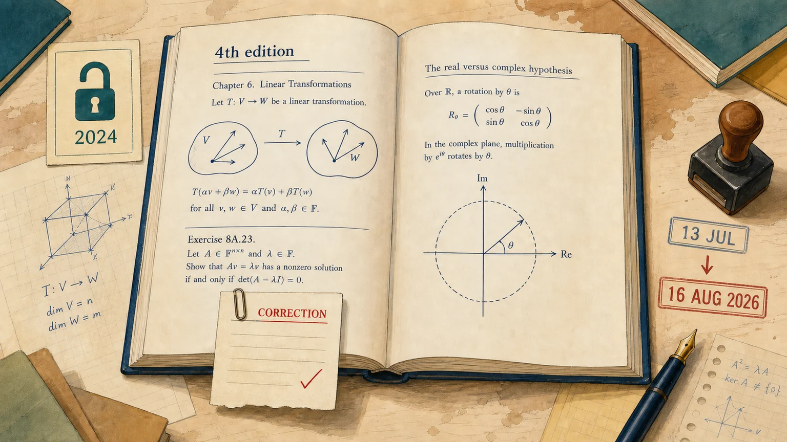 Editorial illustration of an open linear algebra textbook showing a small correction slip beside a 2024 open-access seal and a matrix transformation diagram.