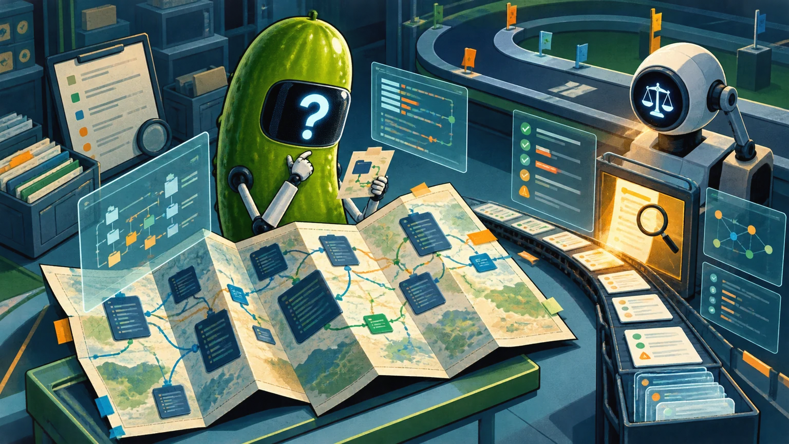 Illustration, not a documentary image: a green anonymous pickle-shaped AI capsule studies a fold-out codebase atlas while a neutral robot judge reviews audit logs.