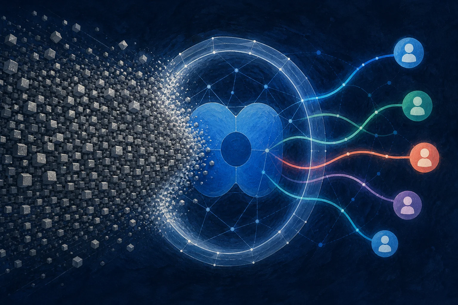 Editorial illustration of a generic blue two-lobed network hub absorbing a wave of gray request packets while legitimate conversation threads reconnect behind reinforced defenses