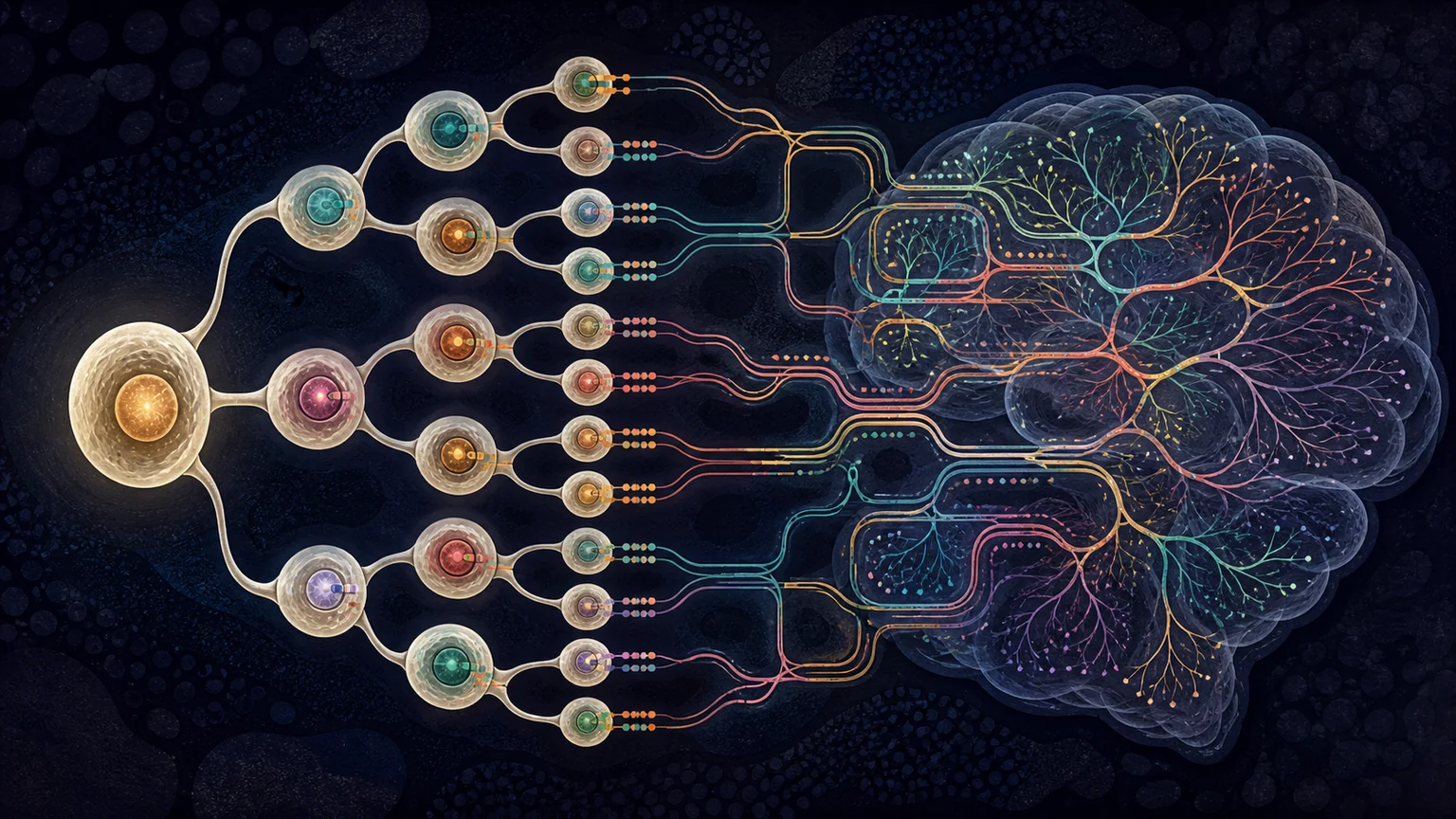 Editorial illustration of a branching cell-lineage tree whose cells inherit coloured molecular markers while axons follow the hierarchy into a brain-shaped network