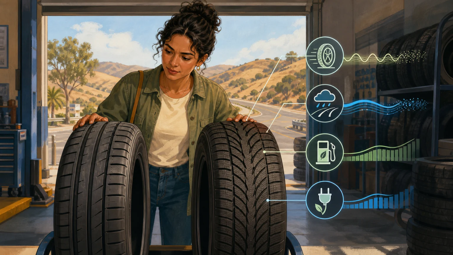 AI-generated editorial illustration of a driver comparing two unbranded tires in a California tire shop, beside symbols for rolling resistance, wet-road grip, gasoline and electricity