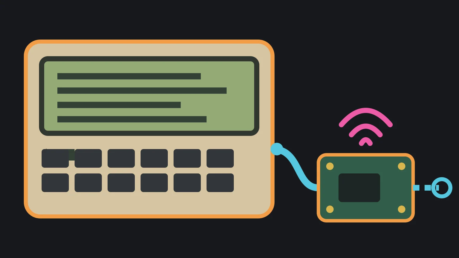 Editorial illustration of a vintage pocket computer showing a text BBS interface, linked by a serial cable to a separate Wi-Fi bridge board and network symbol