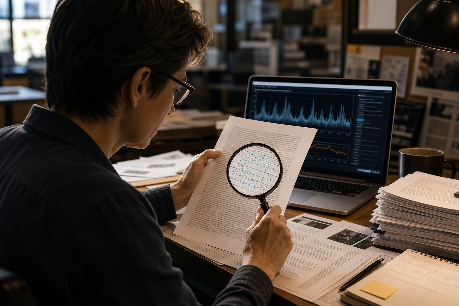 Editorial illustration of an editor examining a printed document for an invisible statistical text watermark