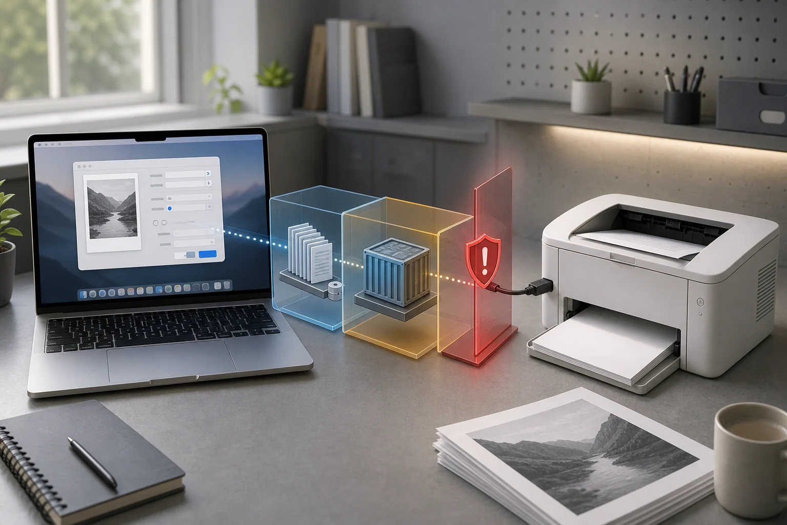 Editorial illustration of a Mac print dialog connected through a Linux container and USB cable to an HP Laser 1008a printer