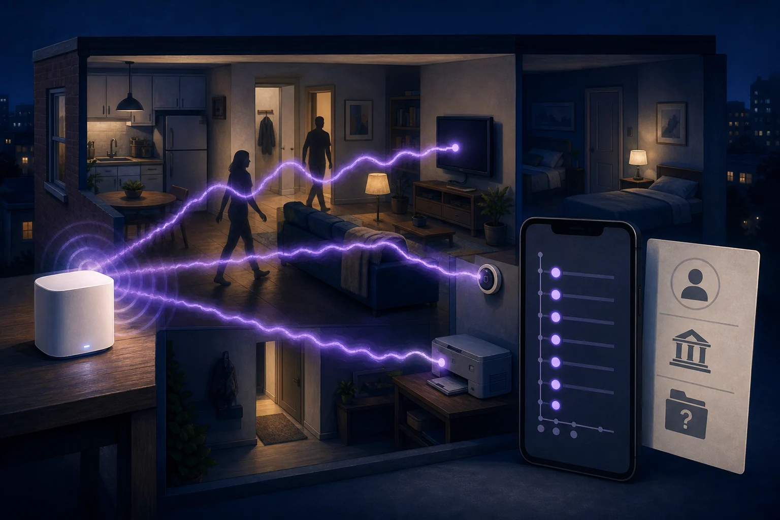Editorial illustration of a home WiFi gateway sending radio paths to a television, thermostat and printer as two residents cross the paths, beside a phone showing a motion-event timeline