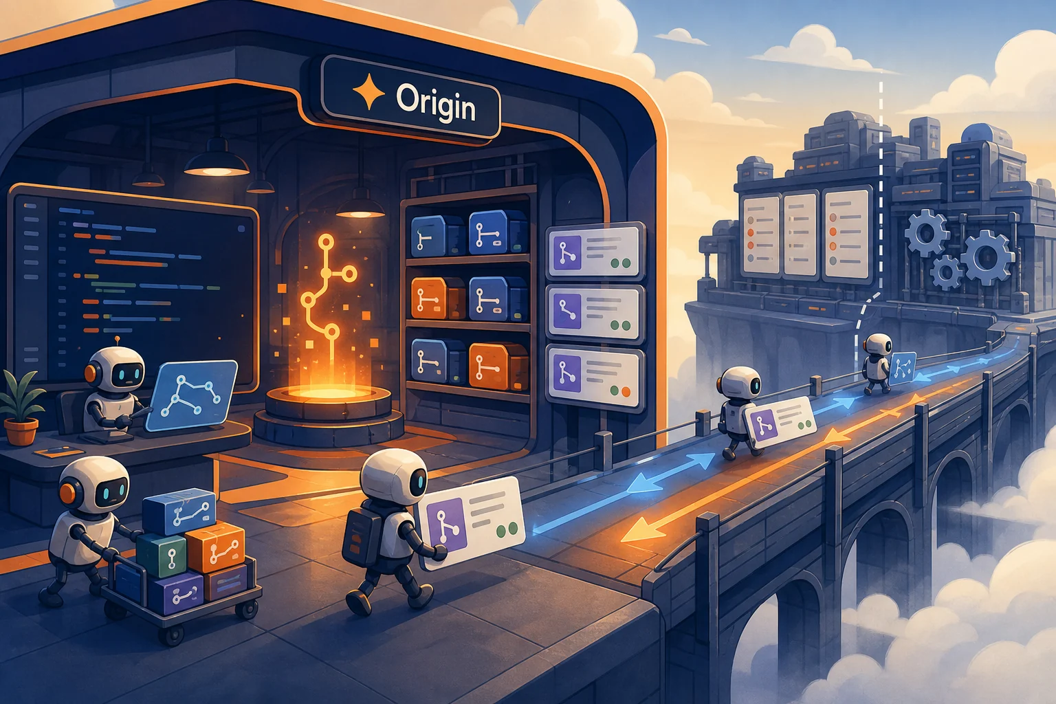 Editorial illustration of software agents moving branches and pull-request cards through a new Cursor Origin code forge while a bridge remains connected to GitHub