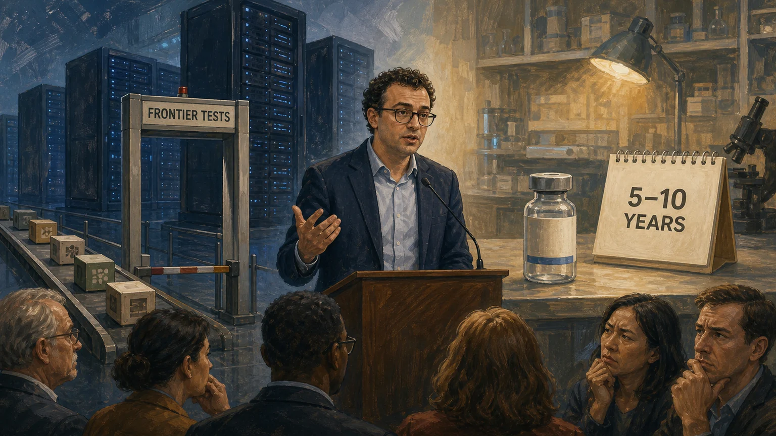 Editorial illustration of Dario Amodei speaking between a frontier-AI testing gate aimed at large server towers and a laboratory bench with an unopened medicine vial and a 5–10 year calendar, while a skeptical audience looks on