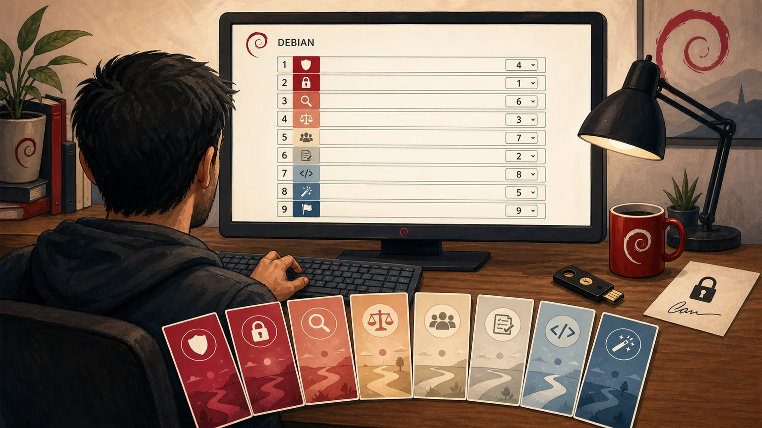 Editorial illustration of a Debian Developer ranking nine ballot choices about AI-assisted contributions, with eight policy cards spread across a desk