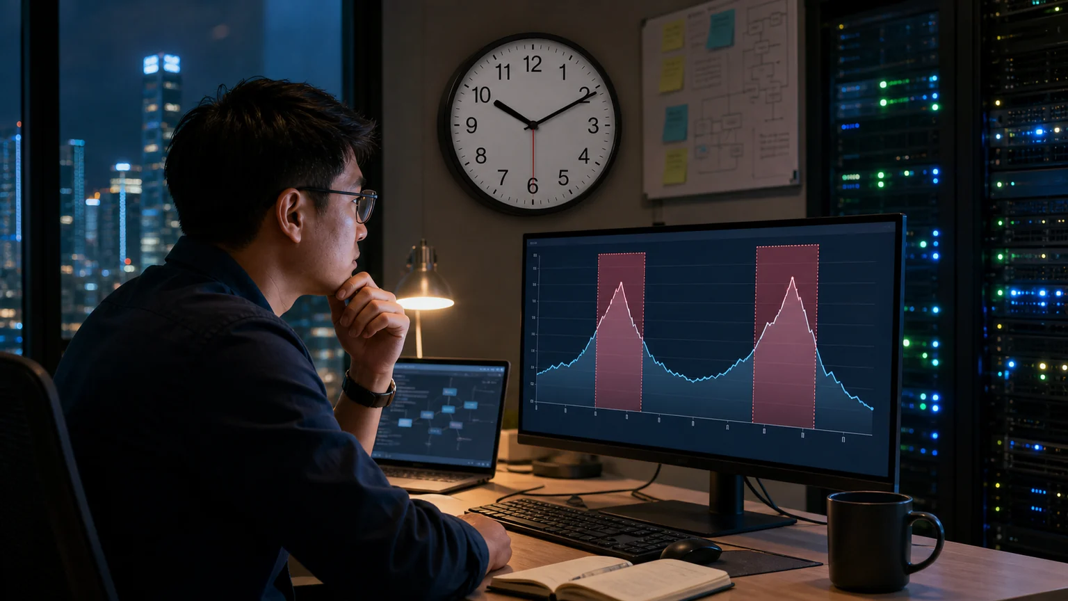 Editorial illustration of a Singapore developer scheduling an AI workload around two highlighted peak-price windows