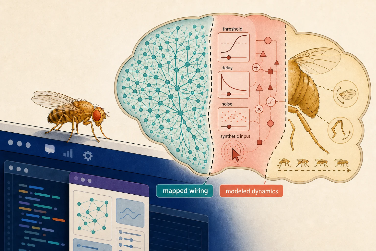 Editorial illustration of a small fruit fly walking across desktop windows beside a brain diagram divided into measured FlyWire connections and developer-modeled neural dynamics
