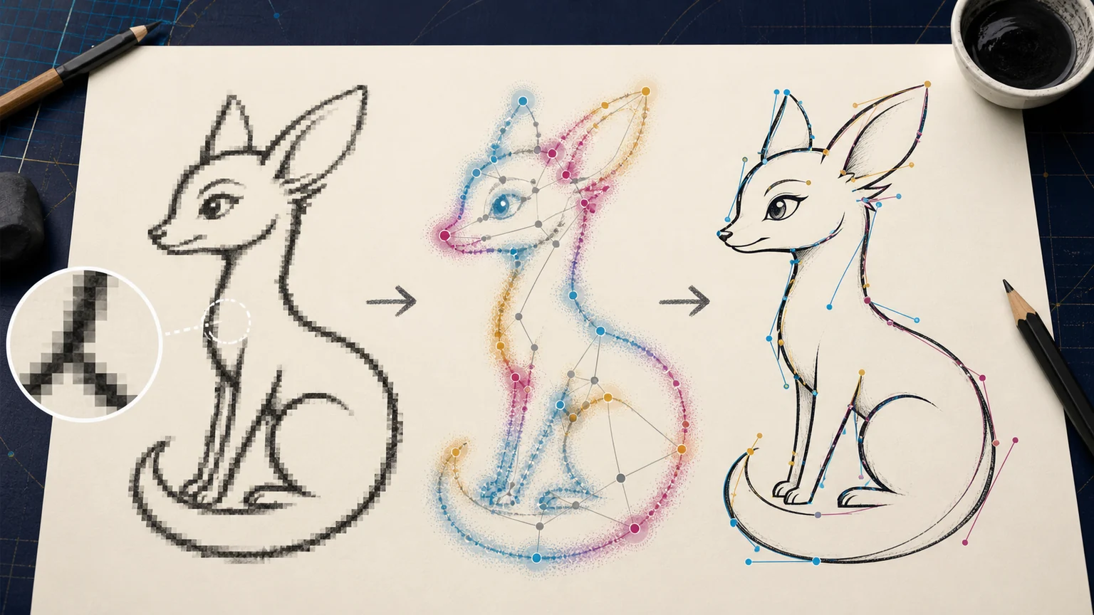 Editorial illustration of an original generic long-eared animal sketch transitioning from pixelated raster lines at left, through blue, magenta and gold splat and skeleton cues at centre, to Bézier curves with coloured control handles at right