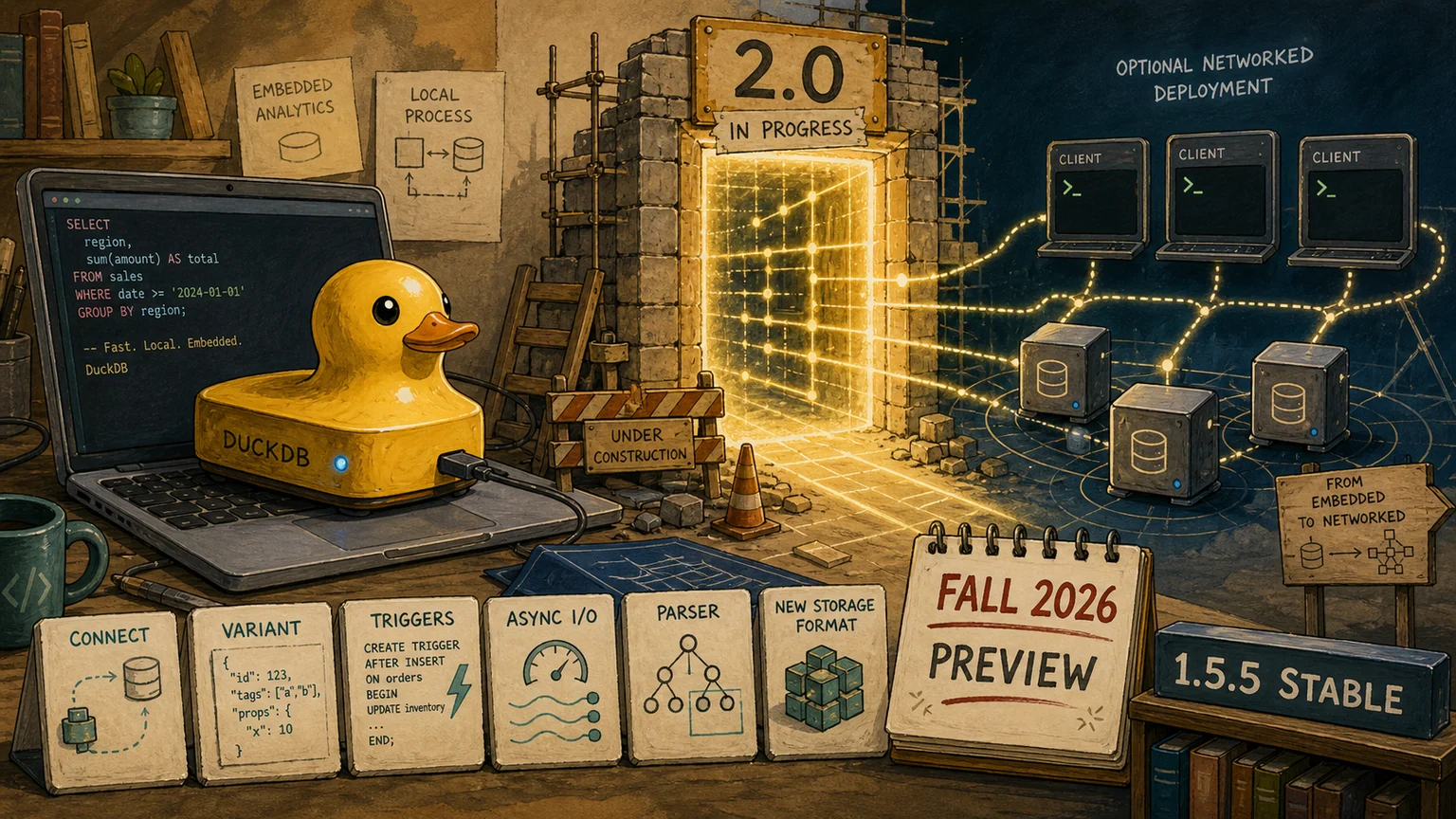 Editorial illustration of a DuckDB database moving from an embedded application toward networked clients, surrounded by preview modules and a tentative fall 2026 release calendar