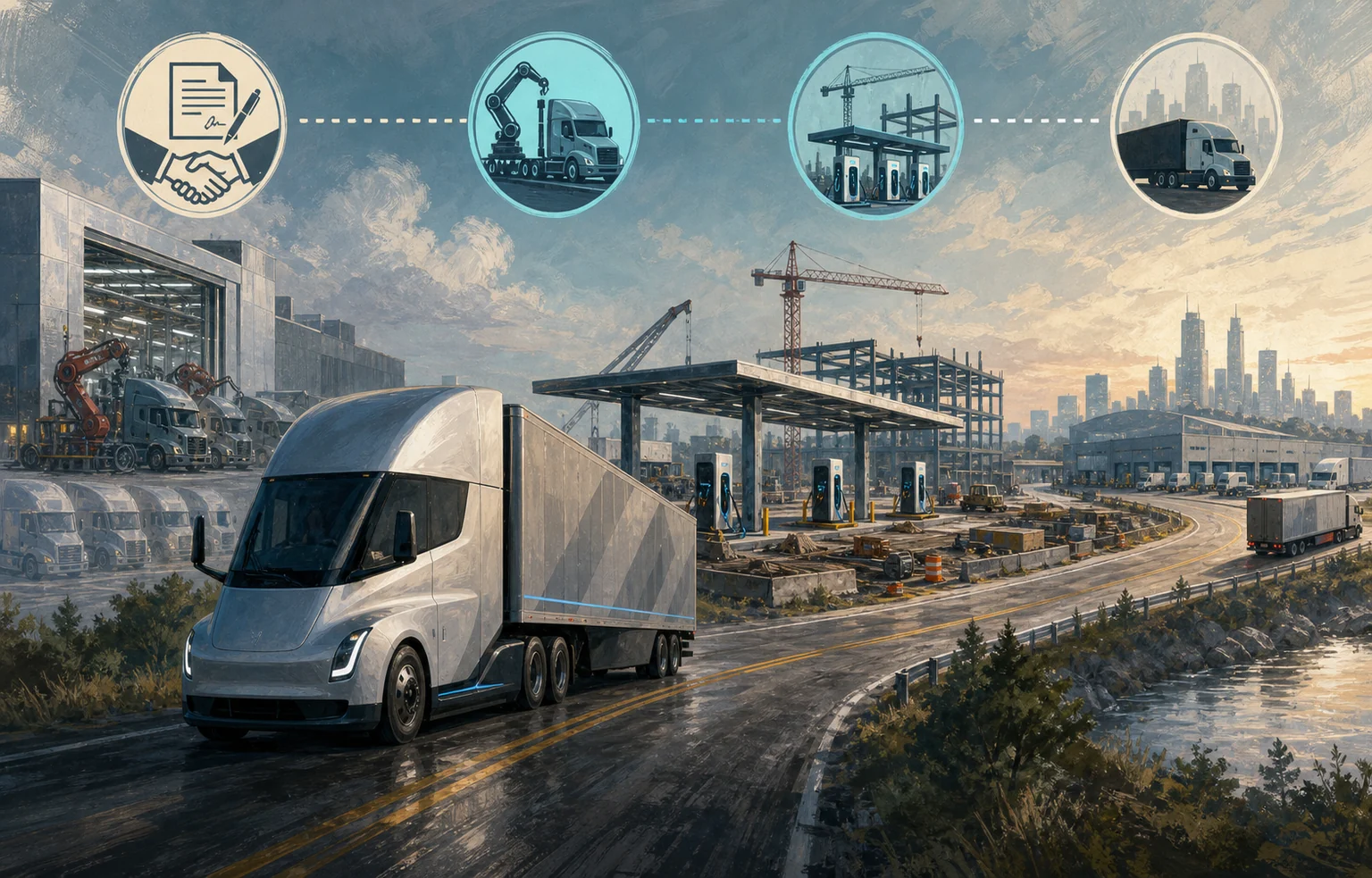AI-generated editorial illustration of a silver electric semi-truck beside a conceptual sequence from contract and factory assembly through charger construction to freight service; the scene is not documentary