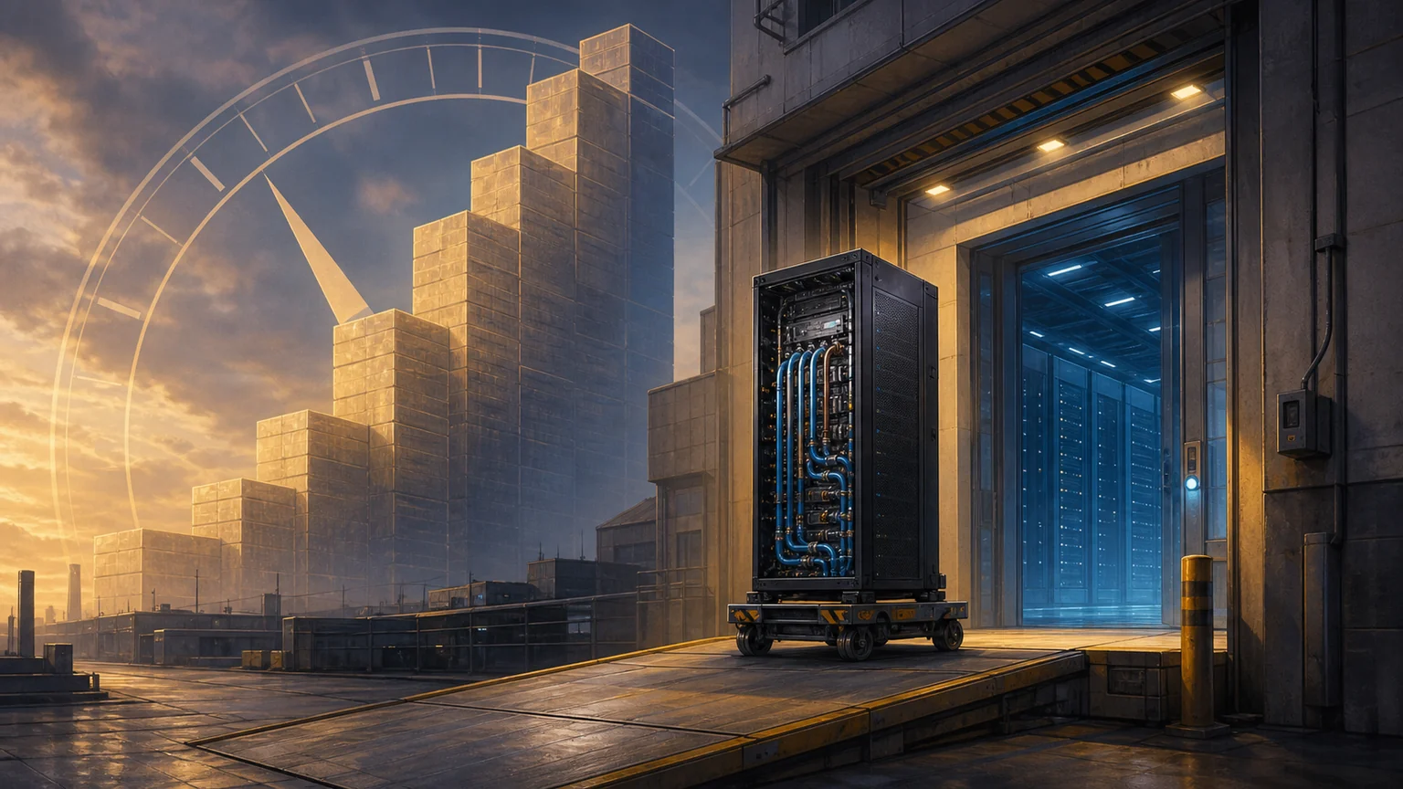 Editorial illustration of one liquid-cooled AI inference rack entering a data center while an outsized valuation gauge and financial blocks rise behind it