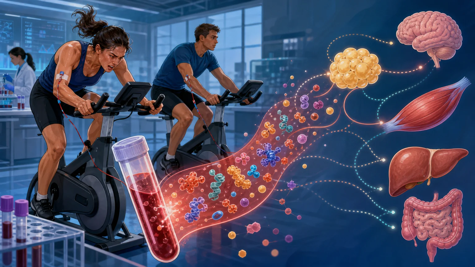 AI-generated editorial illustration of two people cycling at different intensities in a laboratory as a blood sample sends dotted, hypothetical molecular routes toward muscle, fat, liver, gut and brain