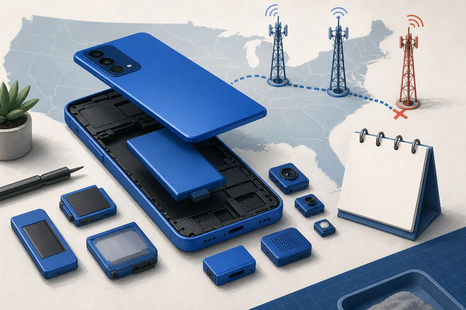 Conceptual editorial illustration of a cobalt-blue modular phone opened beside its removable battery and repair modules, with a blank calendar and a broken U.S. carrier path behind it