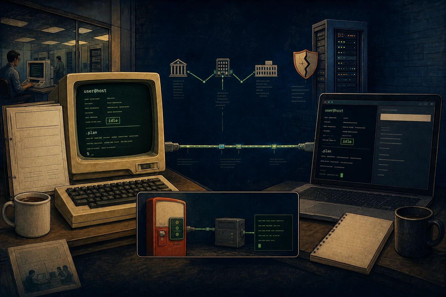 Editorial illustration of a 1970s text terminal and a modern terminal showing sparse user, idle and plan fields, joined by a small institutional network and a later soda-machine gateway