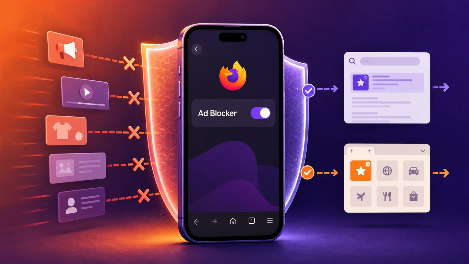 AI-generated editorial illustration of an iPhone showing Firefox's Ad Blocker switch, with generic ad requests stopped while a search-result card and sponsored New Tab tile remain exempt