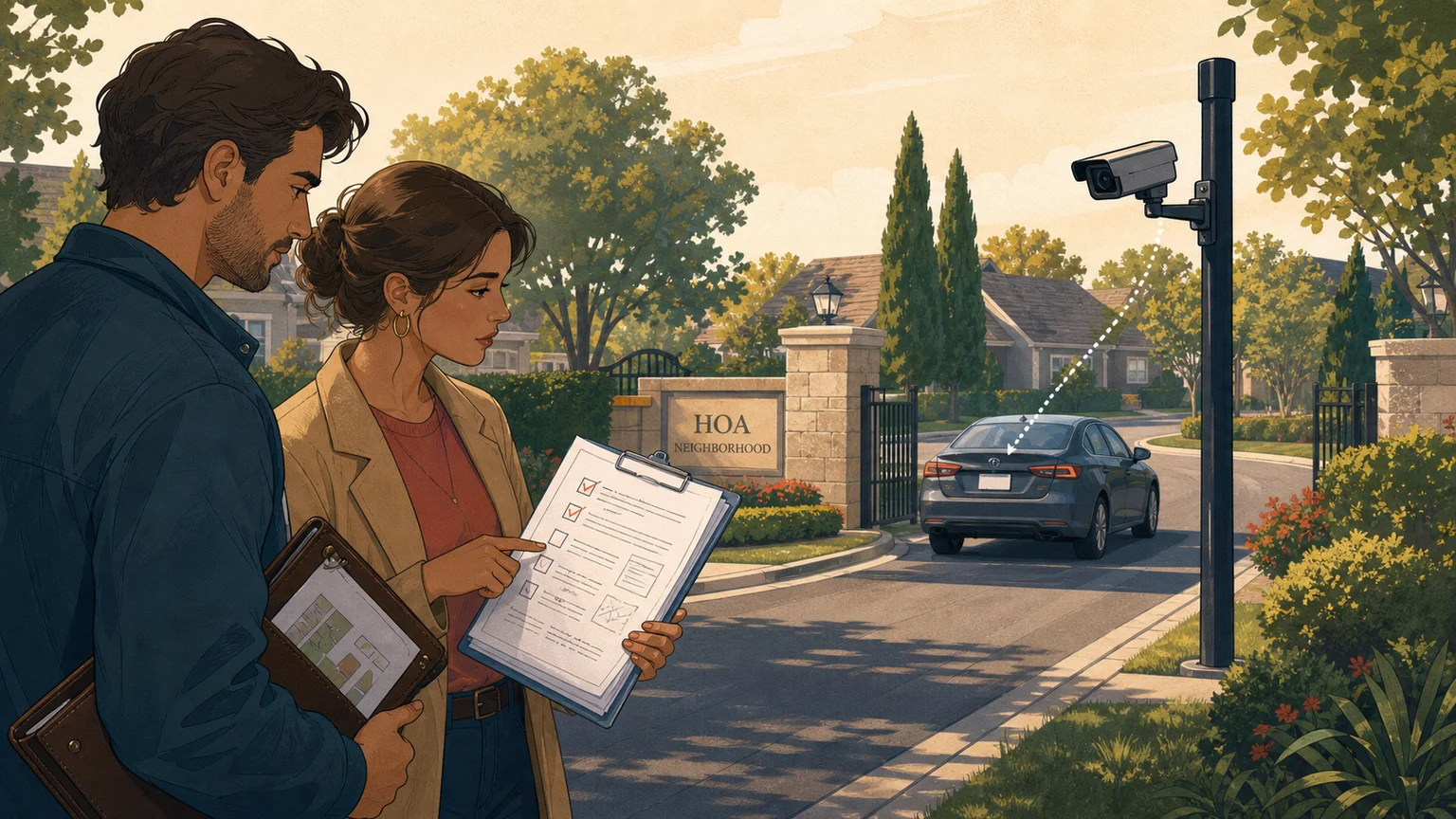 Editorial illustration of prospective home buyers reviewing an HOA policy beside a neighborhood entrance license-plate reader aimed at an arriving car