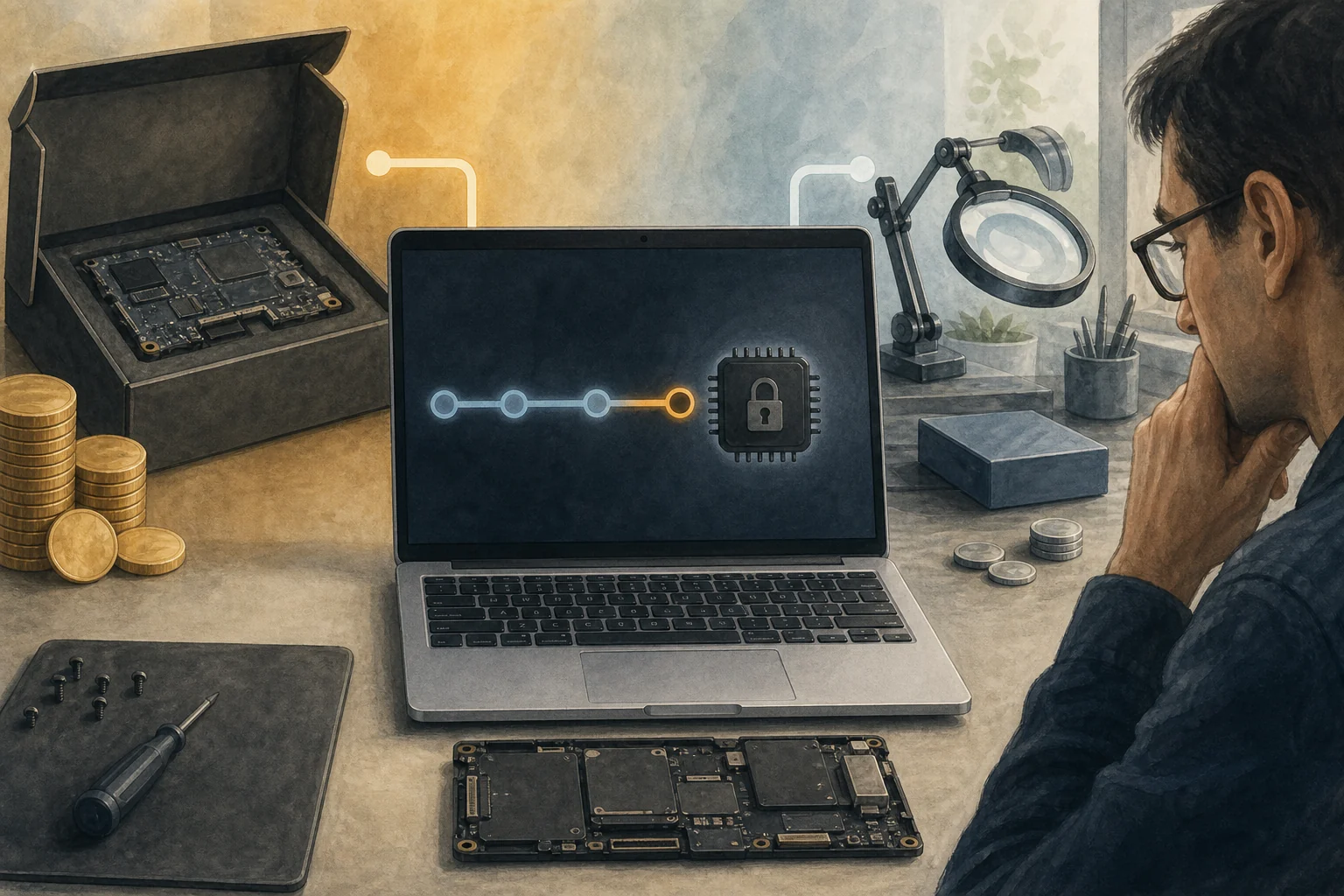 Editorial illustration of a generic modular laptop, removable mainboard and stopped firmware path, with a costly replacement board on one side and a careful independent repair bench on the other