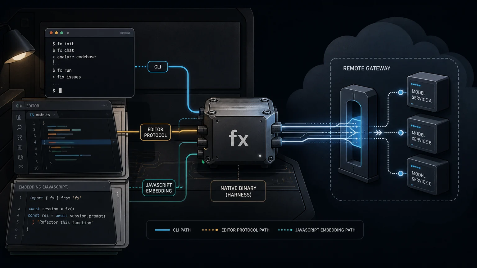 Editorial illustration of an fx coding-agent binary linking a terminal and source files to a remote model gateway