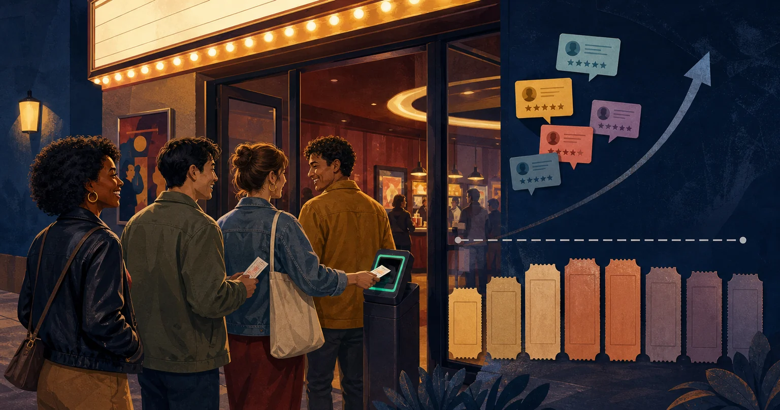 Editorial illustration of four young adults scanning tickets at a cinema beside survey cards and a row of ticket stubs below a benchmark line