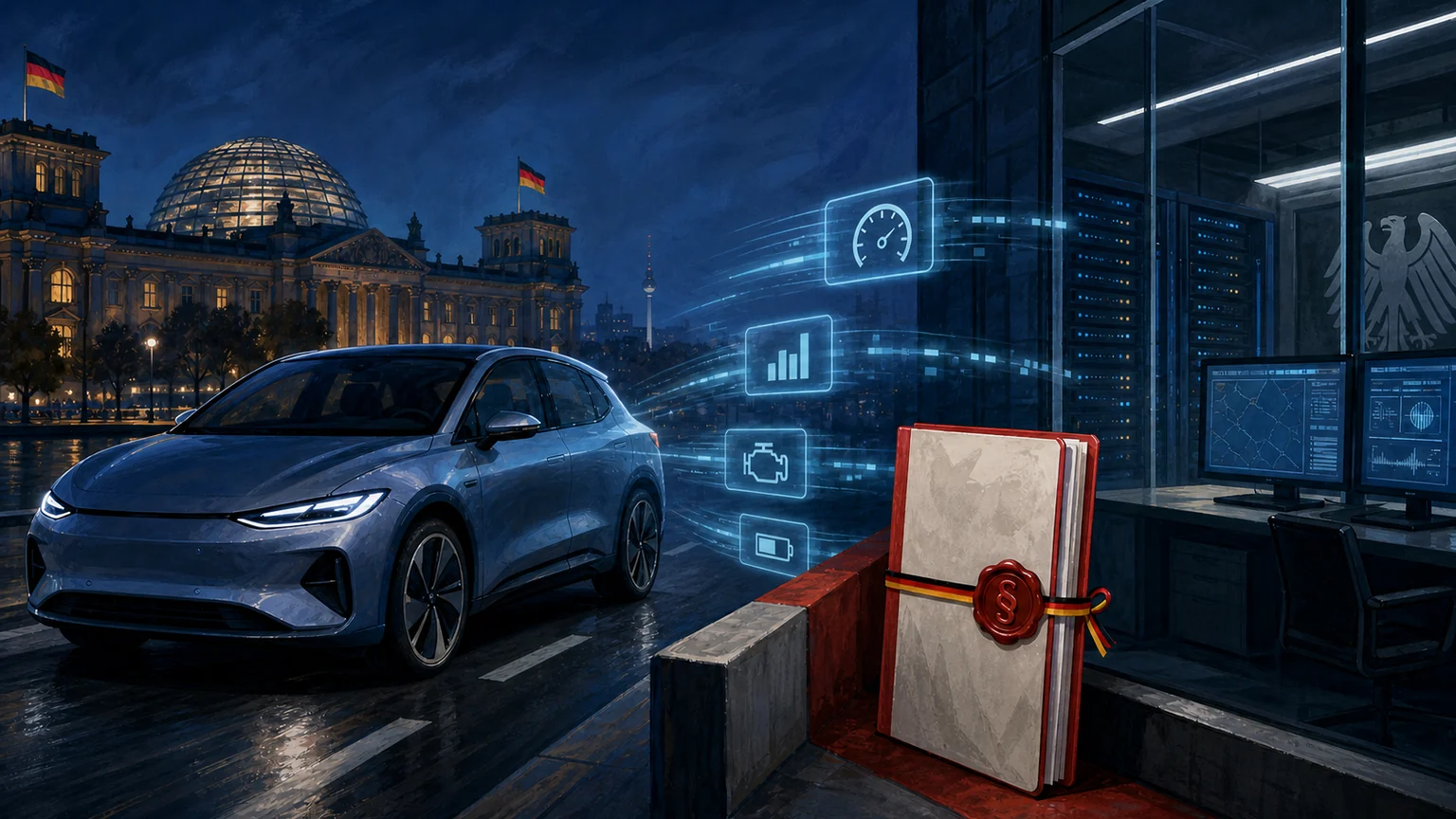 Editorial illustration of a generic connected car near the German parliament with vehicle-data symbols and a government document; not a depiction of an actual data transfer