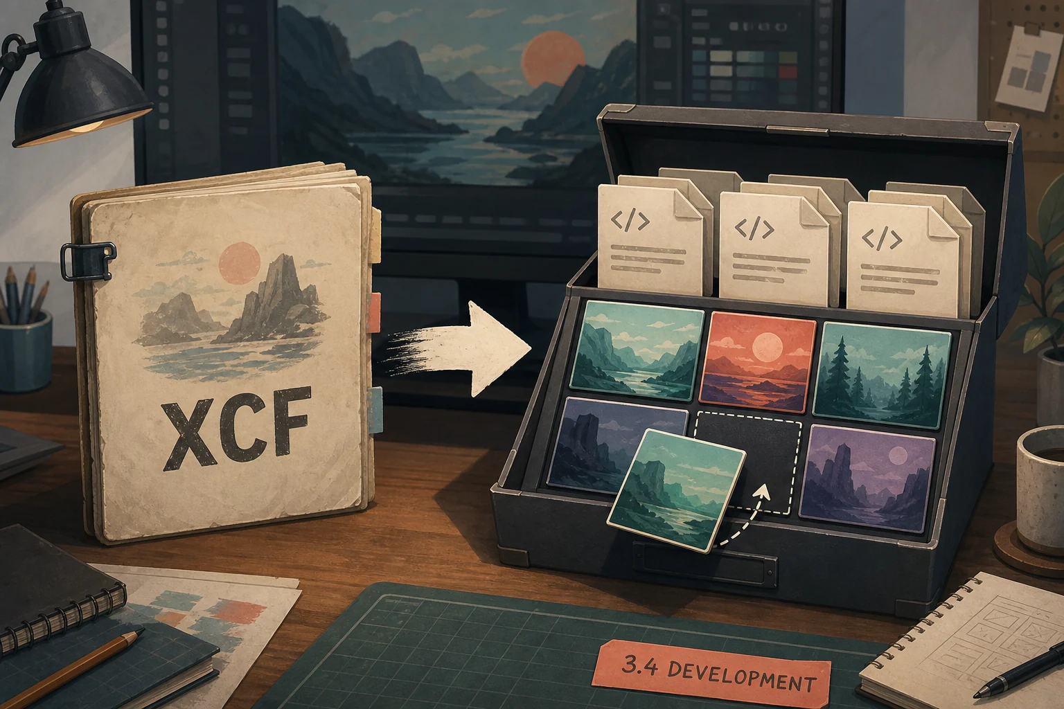 Editorial illustration of a GIMP project moving from one monolithic XCF document to an archive of XML and image tiles, with one tile being updated