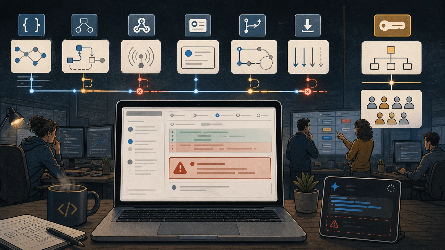 Editorial illustration of a developer workstation with a pull-request error while API, Actions, webhook, issue, download and enterprise identity service lanes show partial disruption