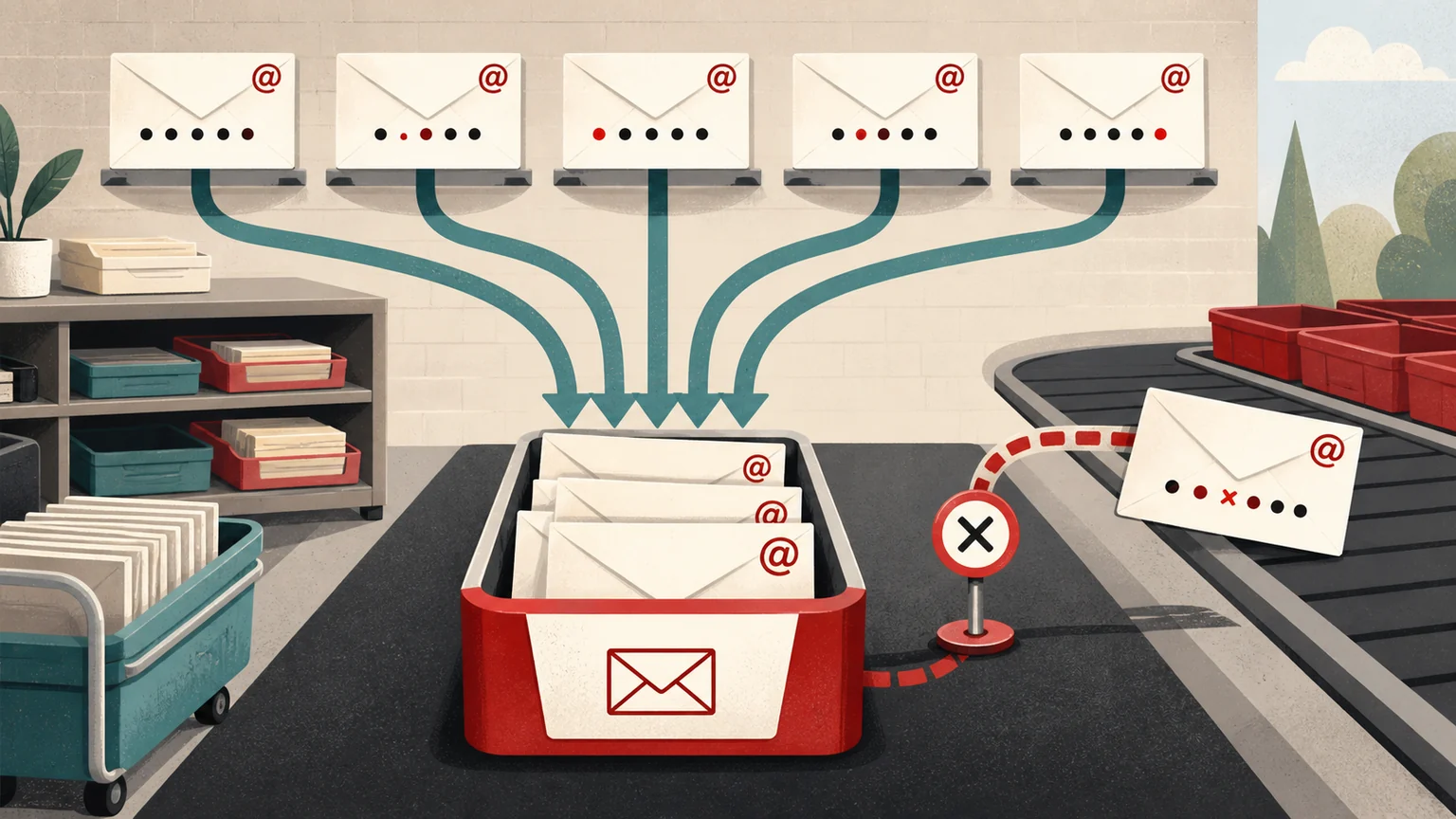 Editorial illustration of one Gmail inbox receiving envelopes addressed to the same username with dots in different positions, while a separate mistyped address is diverted toward it
