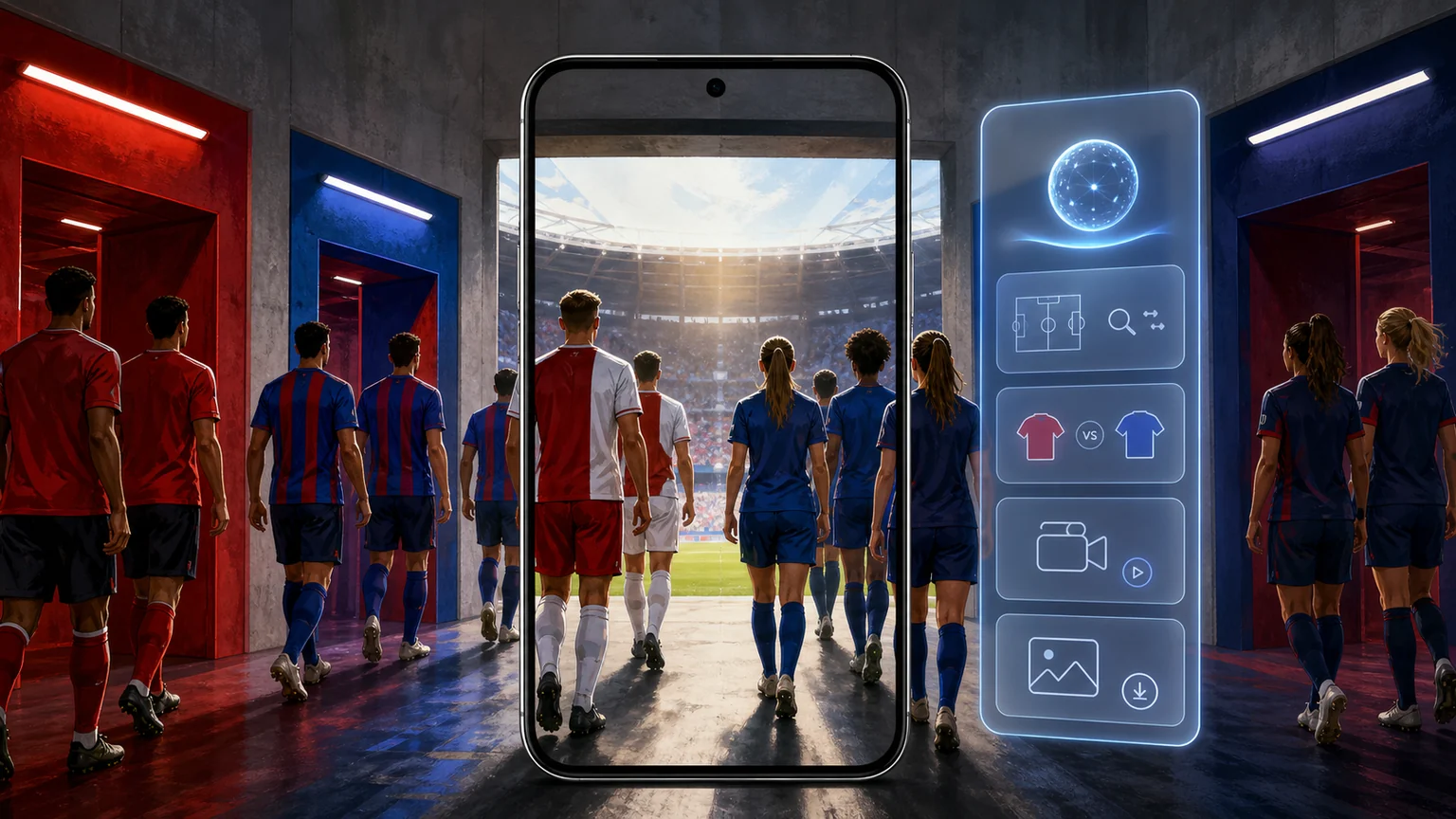 Editorial illustration of men’s and women’s football teams walking through a stadium tunnel beside a large smartphone and fictional AI match cards
