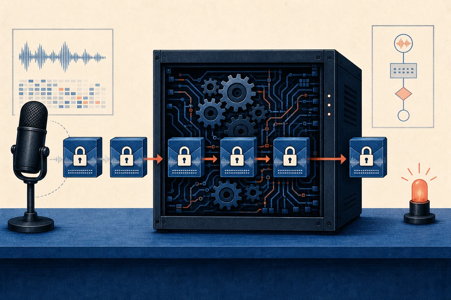 Editorial illustration of locked audio features passing through a server compiler and triggering an indicator while the encrypted packets remain closed