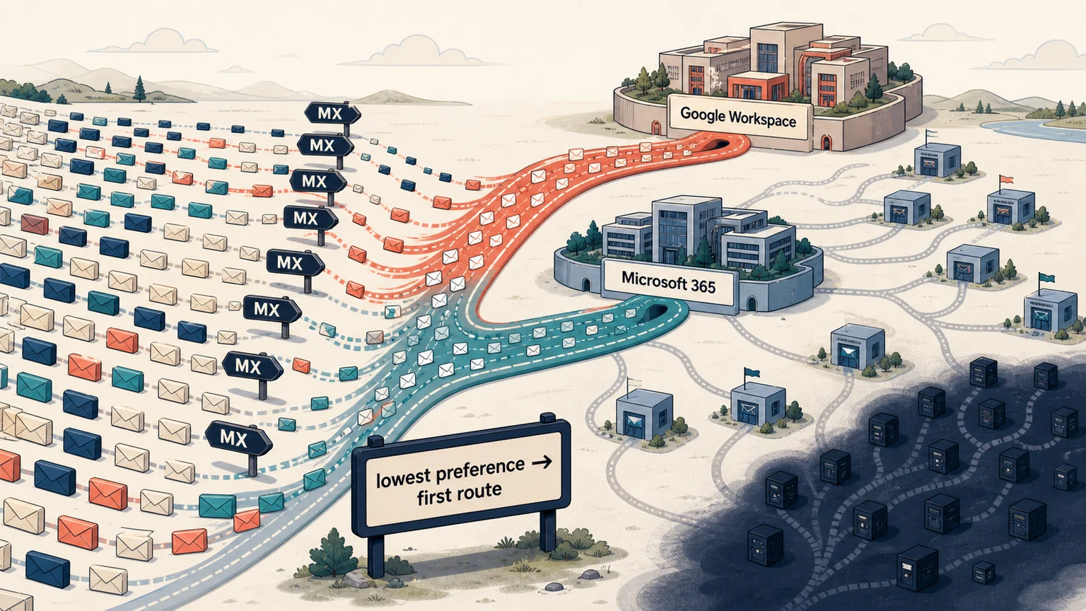 Editorial illustration of many domain envelopes following MX signposts toward Google Workspace and Microsoft 365 mail-processing centres, with other routes branching toward smaller and unmatched servers.