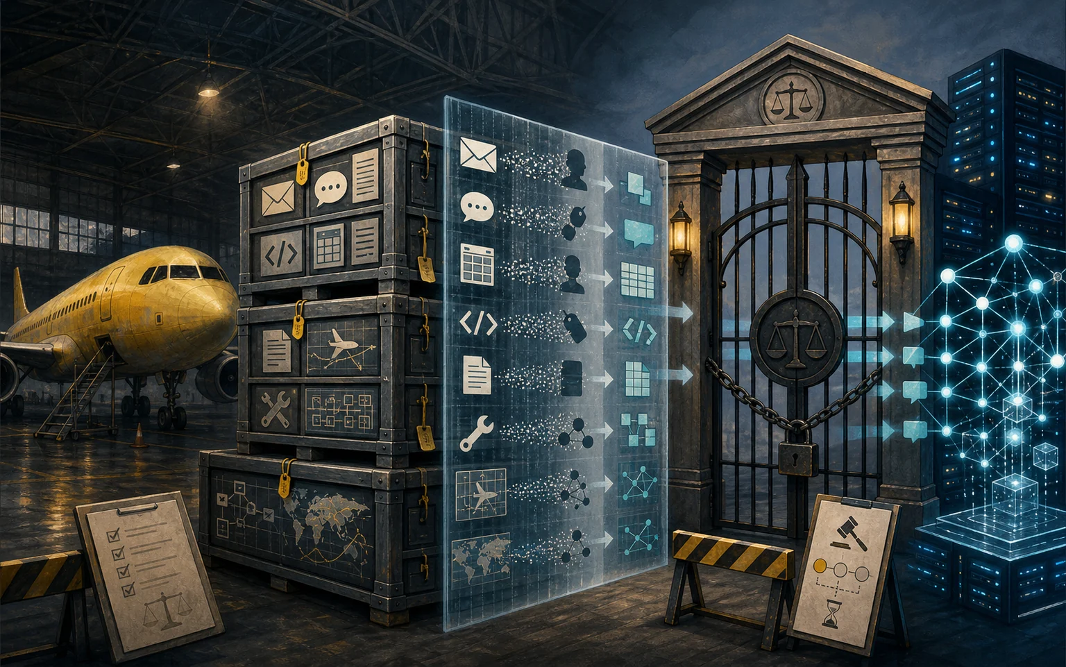 Editorial illustration of a yellow passenger jet beside locked data crates, a translucent deidentification screen and a chained courthouse gate, with arrows pointing toward a glowing server network