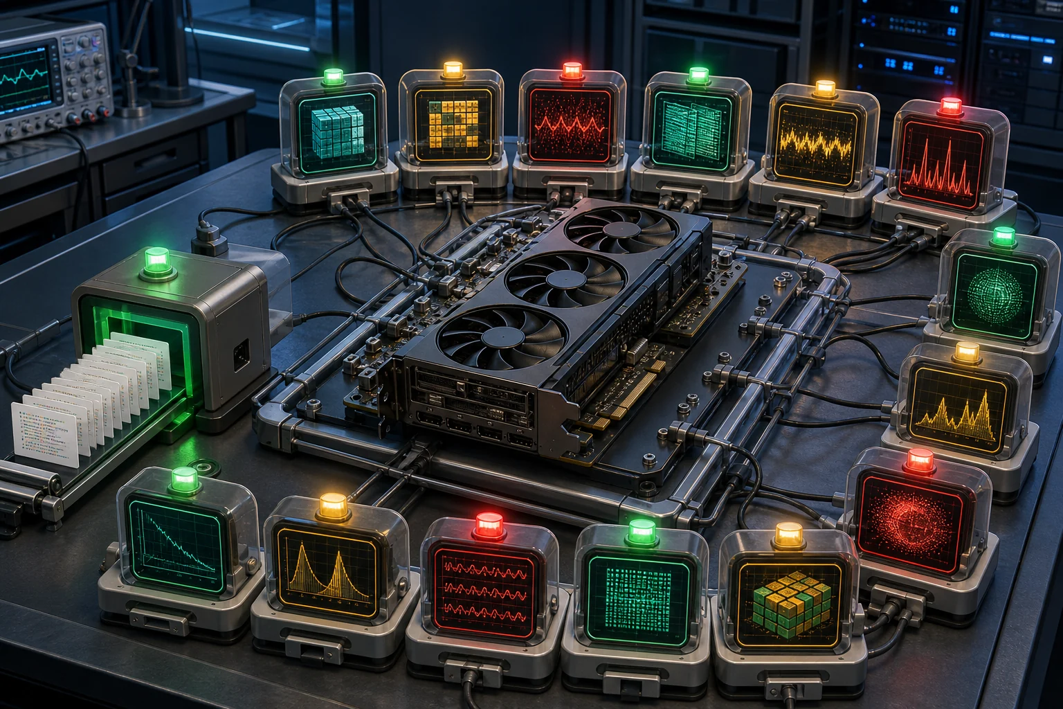AI-generated editorial illustration of code cards entering a glowing inspection rig around a generic GPU, with green, amber and red diagnostic monitors indicating mixed test results