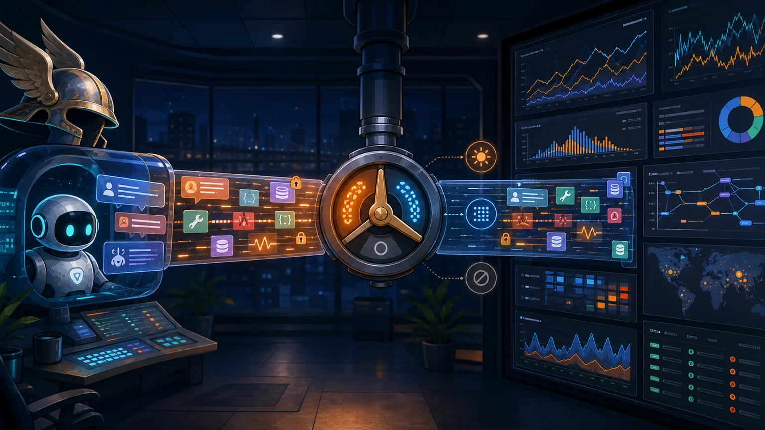 AI-generated editorial illustration of a winged-messenger agent workstation sending conversation and tool telemetry through a privacy control valve to generic observability dashboards