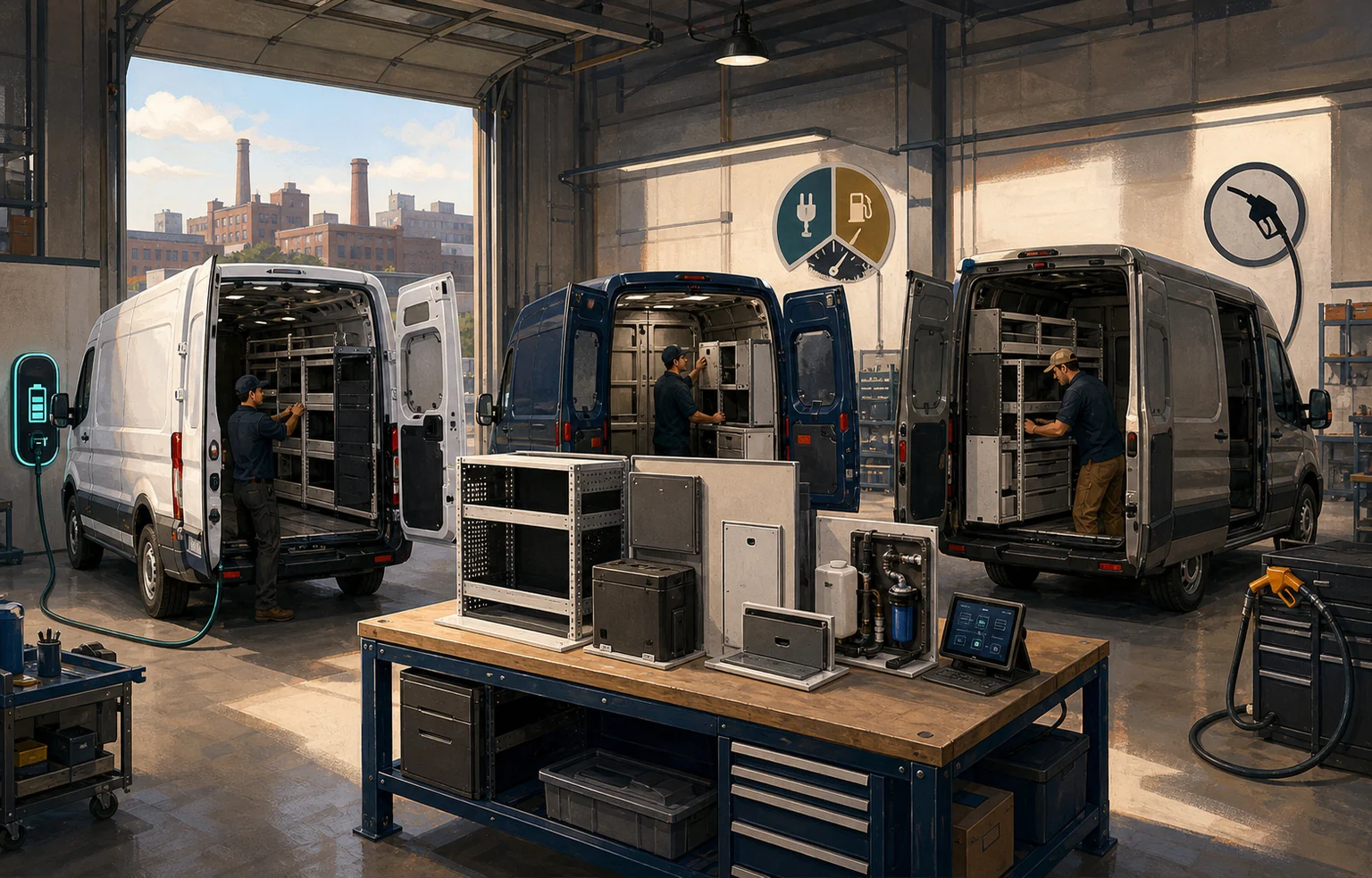 Editorial illustration of three unbranded cargo vans being fitted with modular shelving in an industrial workshop, with electric-plug and fuel-pump symbols representing multiple powertrains